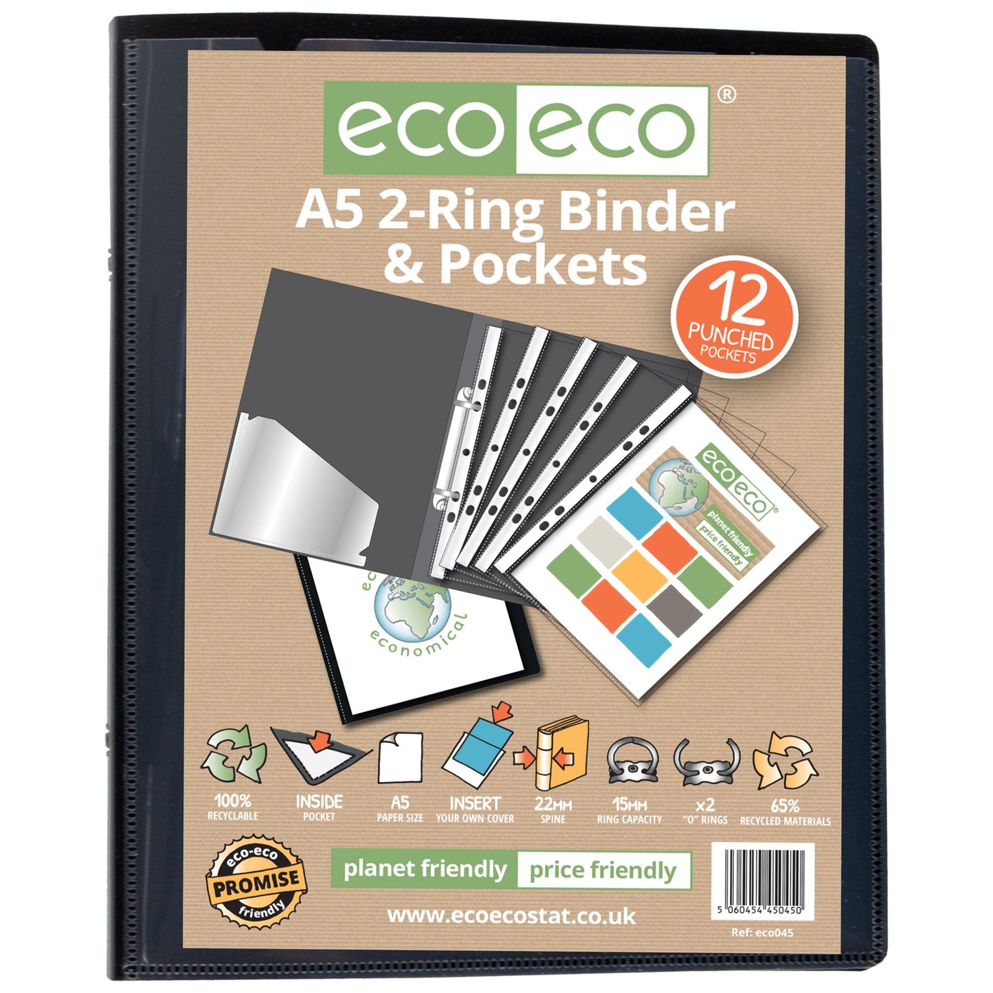 A5 65% Recycled Ring Binder with 12 Multi Punched Pockets (1)