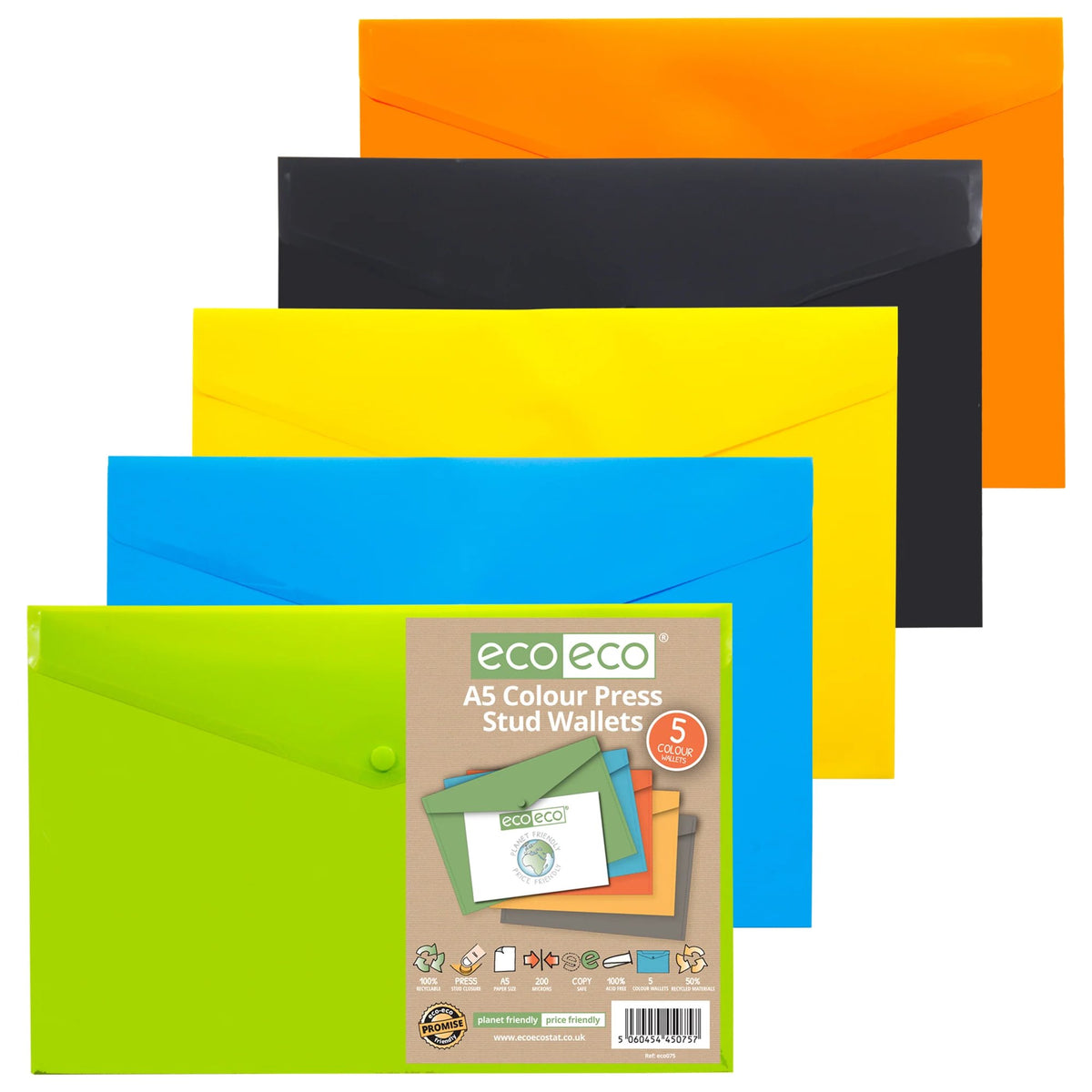 Pack 5 A5 Colour Press Stud Wallets