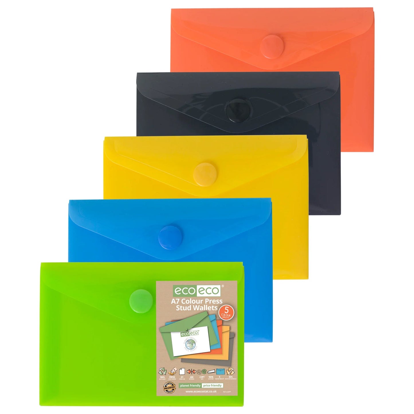 Pack 5 A7 50% Recycled Colour Press Stud Wallets (1)