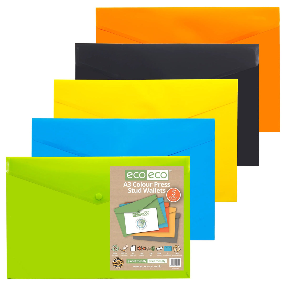 Pack 5 A3 Colour Press Stud Wallets