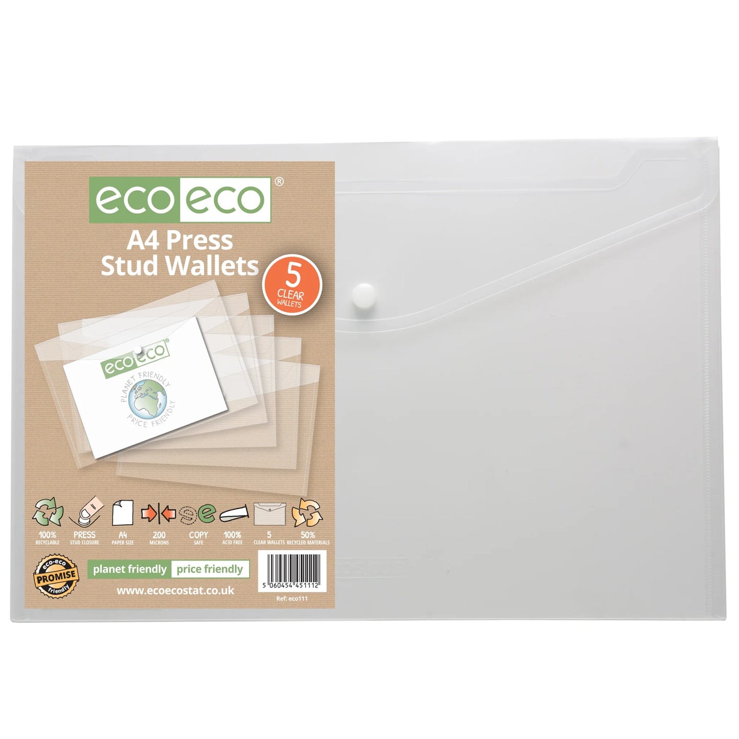 Pack 5 A4 50% Recycled Clear Press Stud Wallets (1)