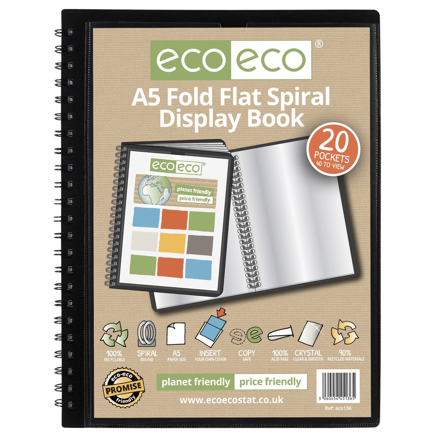 A5 50% recycled 20 pocket Fold Flat Spiral display book (1)