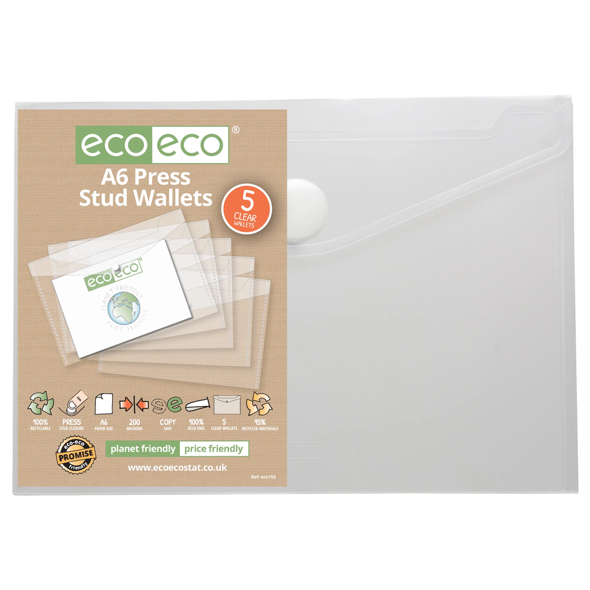 A6 95% Recycled Clear Press Stud Wallets