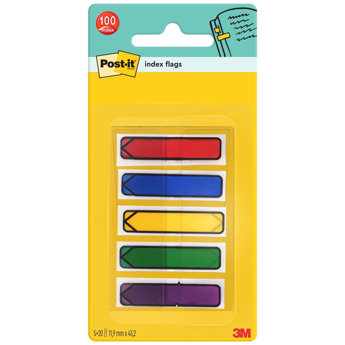 Post-it® Index Arrow Flags Assorted Colours 11.9 mm x 43.2 mm 100 Flags/Dispenser 1 Dispenser/Pack