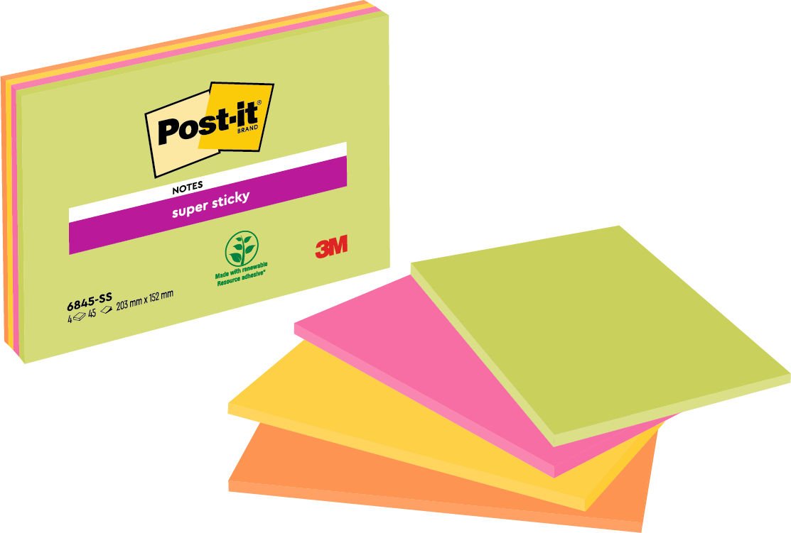 Post-it® Super Sticky Meeting Notes Assorted Neon Colours 203 mm x 152 mm 45 Sheets/Pad 4 Pads/Pack 100% PEFC SGSCH-PEFC-COC-110078