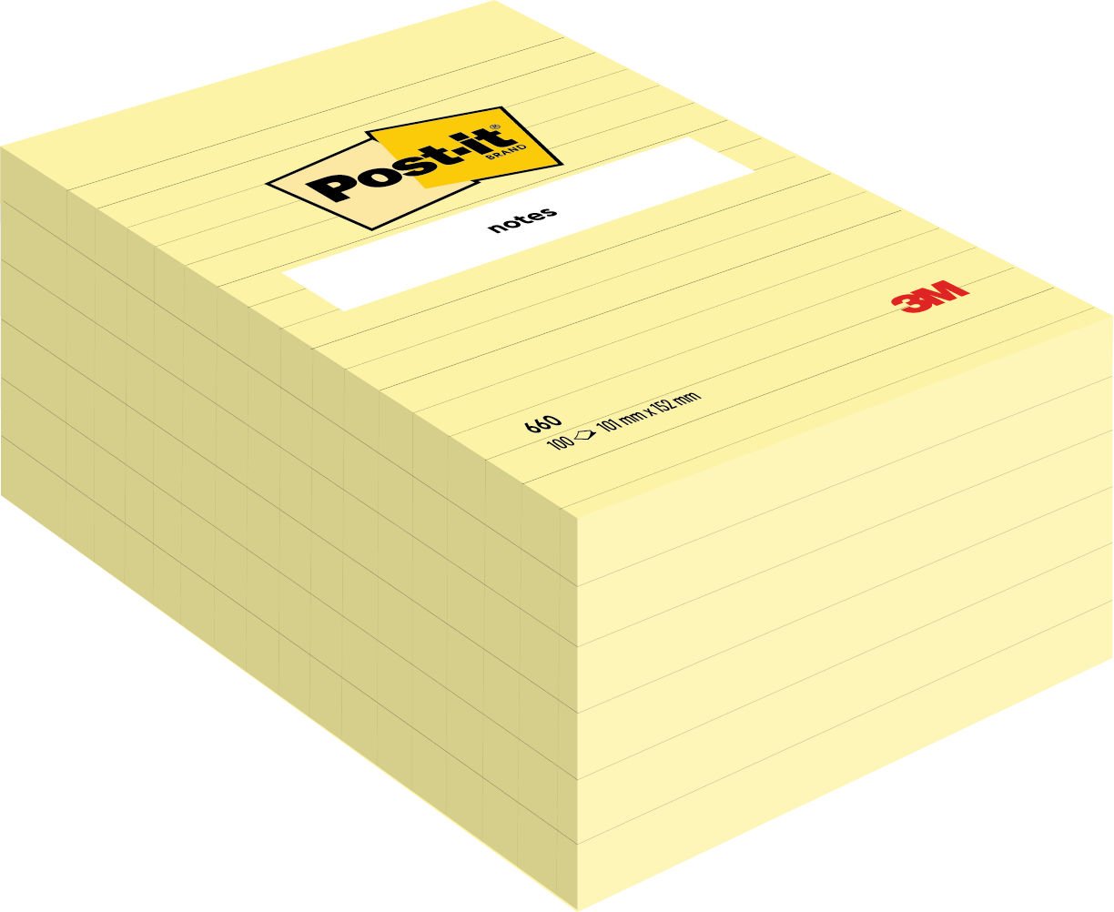 Post-it® Large Notes Canary Yellow Lined 101 mm x 152 mm 100 Sheets/Pad 6 Pads/Pack 100% PEFC SGSCH-PEFC-COC-110078
