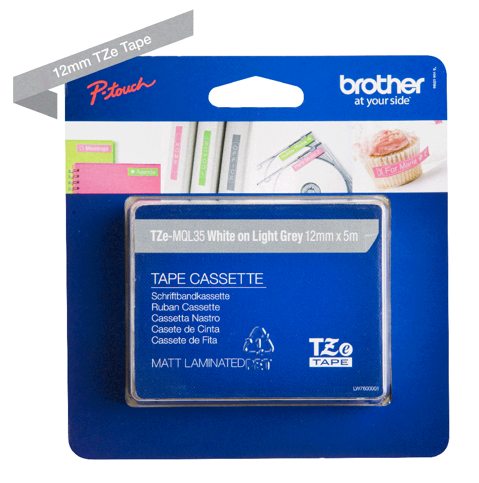 Brother White On Light Grey Label Tape 12mm x 5m - TZEMQL35