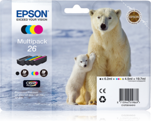 Epson 26 Polar Bear Black Cyan Magenta Yellow Standard Capacity Ink Cartridge Multipack 6ml + 3 x 4.5ml (Pack 4) - C13T26164010