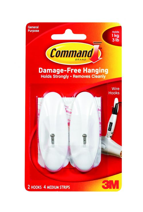 3M Command Medium Wire Hooks With Command Adhesive Strips White (Pack 2) - 7100117613