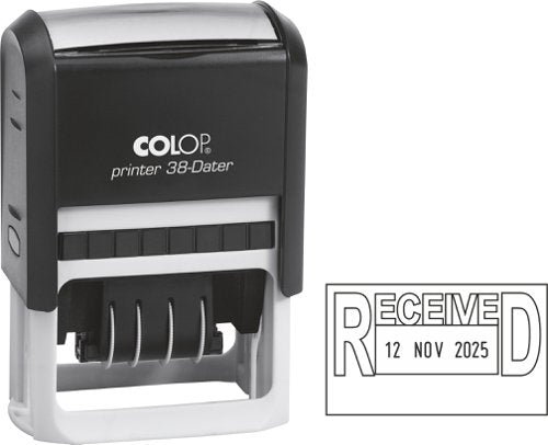 COLOP Printer 38 Self-inking Date and Message Stamp (RECEIVED with 4mm Adjustable Date) Impression Size 33x56mm Black Ink - C133751REC