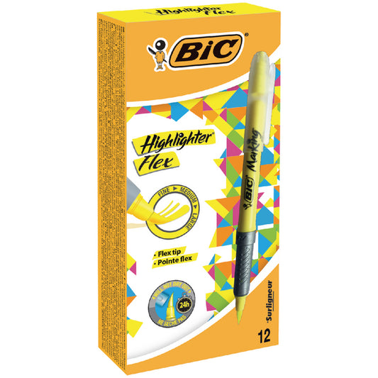 Bic Flex Highlighter Pen Chisel Tip 1.6-3.3mm Line Yellow (Pack 12) - 942040