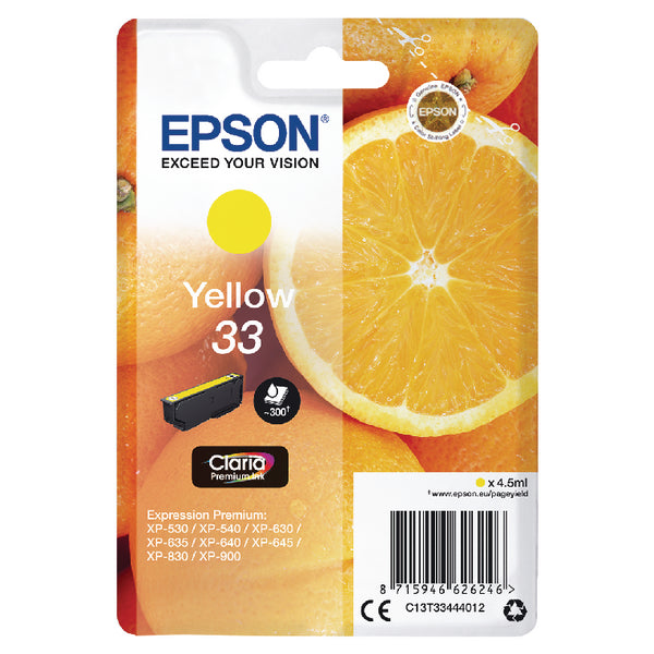 Original Epson C13T33444012 (33) Ink Cartridge Yellow 300 Pages 4.5ml