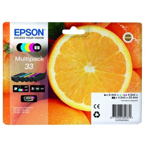 Epson 33 Oranges Black Photo Black Cyan Magenta Yellow Standard Capacity Ink Cartridge Multipack 6.4ml x 2 + 3 x 4.5ml (Pack 5) - C13T33374510