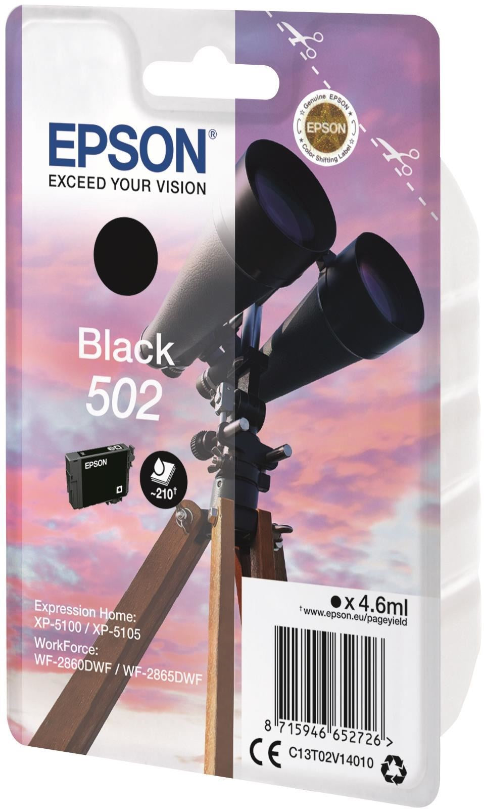 Original Epson C13T02V14010 (502) Ink Cartridge Black 210 Pages 4.6ml