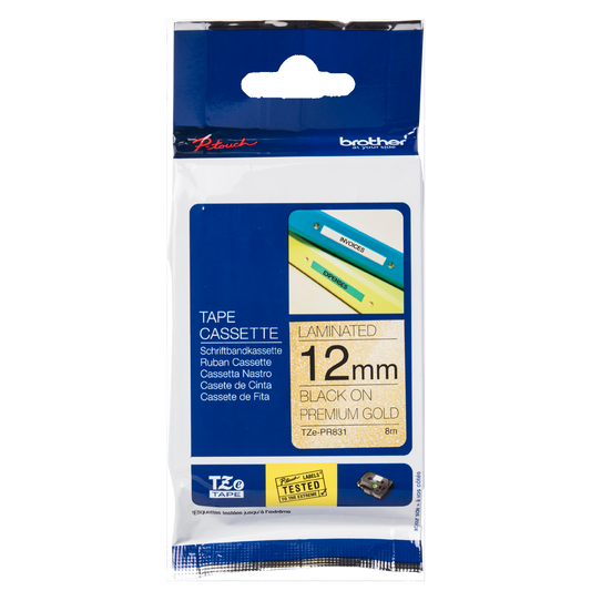 12MM BK ON PREMIUM GOLD LABELLING TAPE