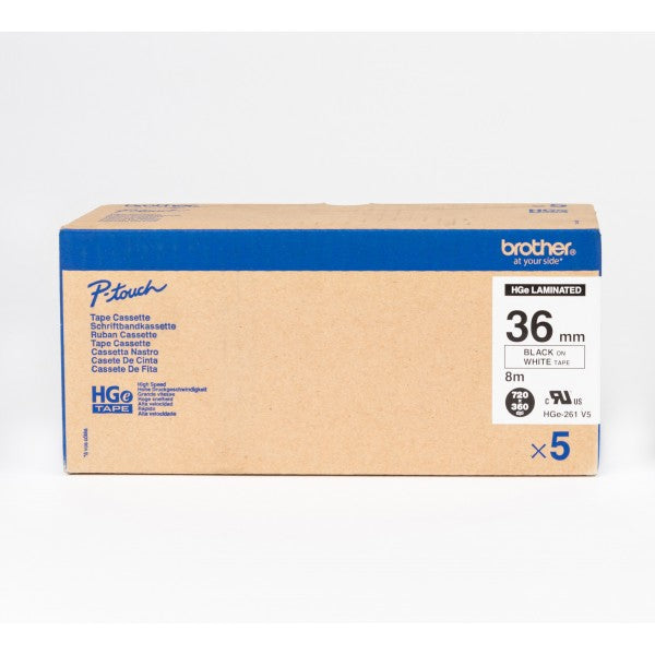 Brother Black On White High Grade Laminated Tape Multipack 36mm x 8m (Pack 5) - HGE261V5