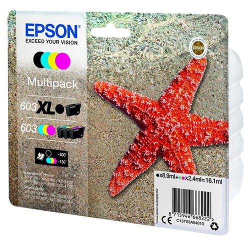 Epson 603 Starfish Black Extra High Yield Cyan Magenta Yellow Standard Yield Ink Cartridge 8.9ml 3 x 2.4ml Pack 4 - C13T03A94010