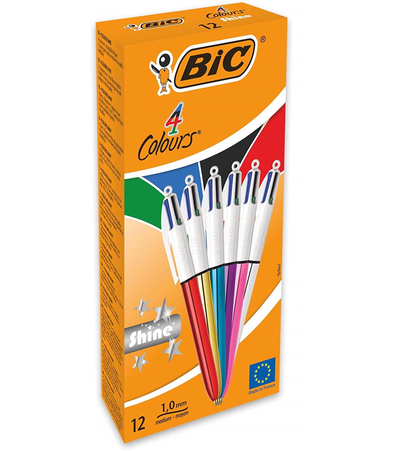 Bic 4 Colours Shine Ballpoint Pen 1.0mm Tip 0.32mm Line Assorted Colour Barrels Black/Blue/Green/Red Ink (Pack 12) - 964775