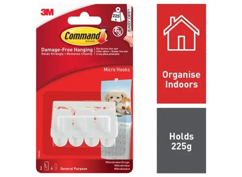 3M Command Mini Micro Hooks With Command Adhesive Strips White (Pack 3) - 7100117609