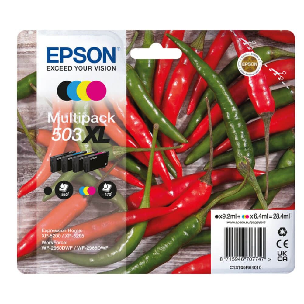 Epson Chillies 503XL Multipack Black Cyan Magenta Yellow High Capacity Ink Cartridge 9.2ml + 3 x 6.4ml (Pack 4) - C13T09R64010