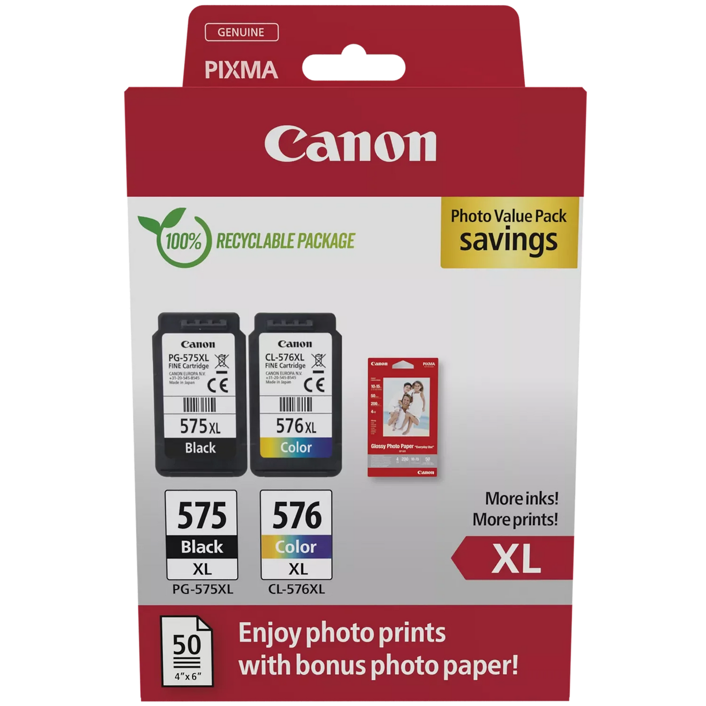 Original Canon 5437C006 PG-575XL + CL-576XL Black and Colour High Capacity with Photo Paper  