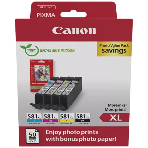 Canon CLI-581XL Black & Colour High Yield Ink Cartridge 8.3ml + 50 Sheets Photo Paper Plus Glossy 101.6mm x 152.4mm - 2052C006