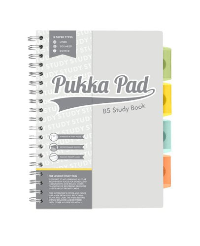 Pukka Pads Study Book B5 181 x 257mm 4 Coloured Dividers 3 Paper Types Includes Revision Cards Grey (Pack1) - 9824-STU