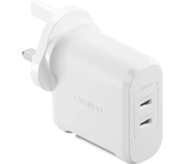 Cygnett PowerMaxx 70W Dual Port GaN White Wall Charger - UK