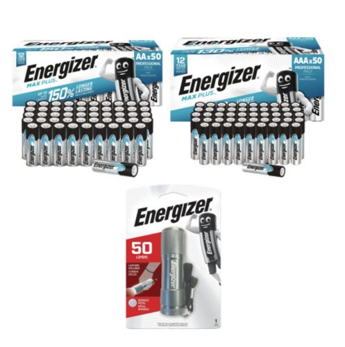 Energizer Promo Bundle 1 Pack 50 AA + 1 Pack 50 AAA Energizer Max Plus Batteries with a Free LED Metal Torch