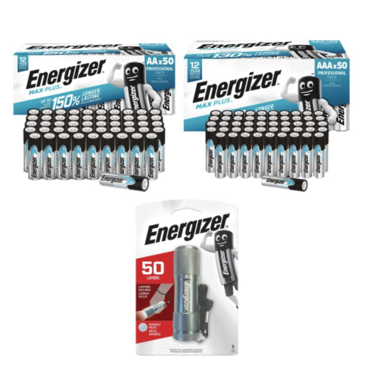 Energizer Promo Bundle 1 Pack 50 AA + 1 Pack 50 AAA Energizer Max Plus Batteries with a Free LED Metal Torch