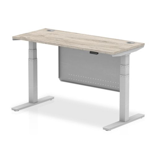 Air Modesty 1400 x 600mm Height Adjustable Office Desk With Cable Ports Grey Oak Finish Silver Frame With Silver Steel Modesty Panel - HA01418 DD