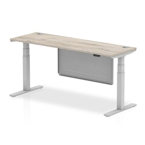 Air Modesty 1800 x 600mm Height Adjustable Office Desk With Cable Ports Grey Oak Finish Silver Frame With Silver Steel Modesty Panel - HA01420 DD