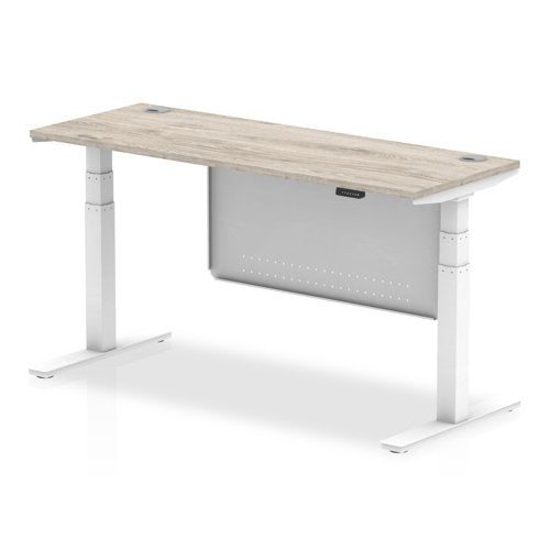 Air Modesty 1600 x 600mm Height Adjustable Office Desk With Cable Ports Grey Oak Finish White Frame With White Steel Modesty Panel - HA01423 DD