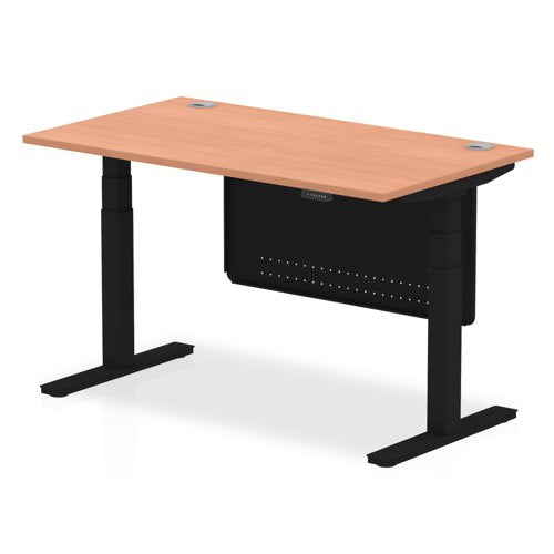 Air Modesty 1400 x 800mm Height Adjustable Office Desk With Cable Ports Beech Finish Black Frame With Black Steel Modesty Panel - HA01446 DD