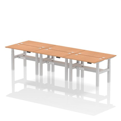 Dynamic Air Back-to-Back W1200 x D600mm Height Adjustable Sit Stand 6 Person Bench Desk With Cable Ports Oak Finish Silver Frame - HA01622 DD