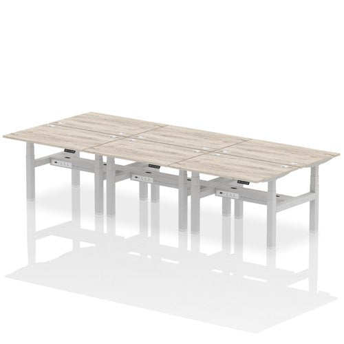 Dynamic Air Back-to-Back W1200 x D800mm Height Adjustable Sit Stand 6 Person Bench Desk With Cable Ports Grey Oak Finish Silver Frame - HA01796 DD