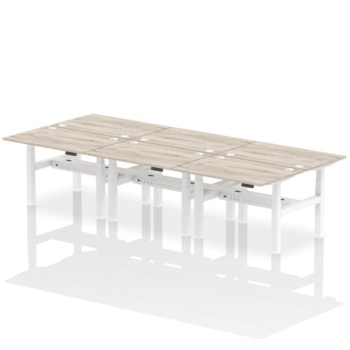 Dynamic Air Back-to-Back W1200 x D800mm Height Adjustable Sit Stand 6 Person Bench Desk With Cable Ports Grey Oak Finish White Frame - HA01798 DD