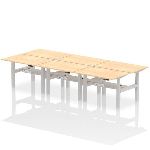 Dynamic Air Back-to-Back W1200 x D800mm Height Adjustable Sit Stand 6 Person Bench Desk With Cable Ports Maple Finish Silver Frame - HA01808 DD