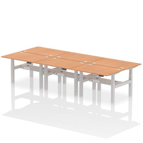 Dynamic Air Back-to-Back W1200 x D800mm Height Adjustable Sit Stand 6 Person Bench Desk With Cable Ports Oak Finish Silver Frame - HA01820 DD