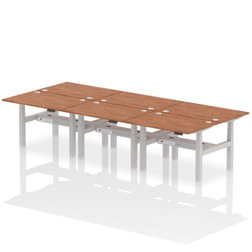 Dynamic Air Back-to-Back W1200 x D800mm Height Adjustable Sit Stand 6 Person Bench Desk With Cable Ports Walnut Finish Silver Frame - HA01832 DD