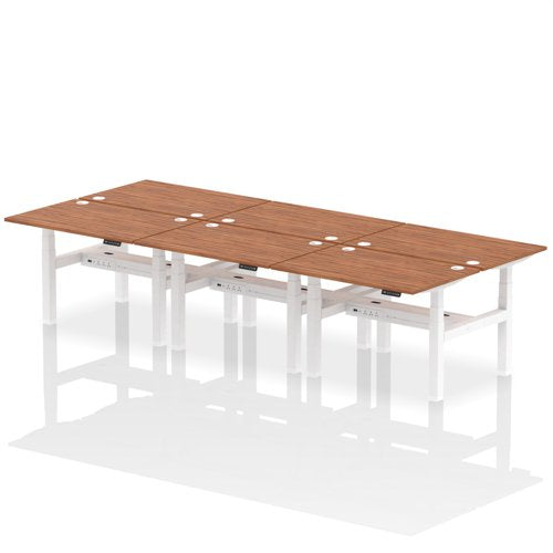 Dynamic Air Back-to-Back W1200 x D800mm Height Adjustable Sit Stand 6 Person Bench Desk With Cable Ports Walnut Finish White Frame - HA01834 DD