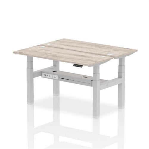 Dynamic Air Back-to-Back W1400 x D600mm Height Adjustable Sit Stand 2 Person Bench Desk With Cable Ports Grey Oak Finish Silver Frame - HA01862 DD