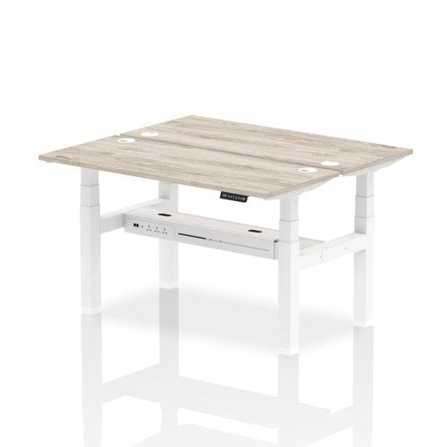 Dynamic Air Back-to-Back W1400 x D600mm Height Adjustable Sit Stand 2 Person Bench Desk With Cable Ports Grey Oak Finish White Frame - HA01864 DD