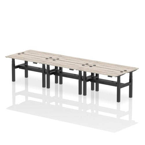 Dynamic Air Back-to-Back W1400 x D600mm Height Adjustable Sit Stand 6 Person Bench Desk With Cable Ports Grey Oak Finish Black Frame - HA01932 DD