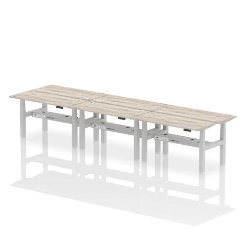 Dynamic Air Back-to-Back W1400 x D600mm Height Adjustable Sit Stand 6 Person Bench Desk With Cable Ports Grey Oak Finish Silver Frame - HA01934 DD