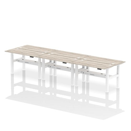 Dynamic Air Back-to-Back W1400 x D600mm Height Adjustable Sit Stand 6 Person Bench Desk With Cable Ports Grey Oak Finish White Frame - HA01936 DD