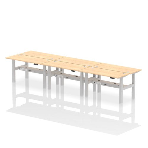 Dynamic Air Back-to-Back W1400 x D600mm Height Adjustable Sit Stand 6 Person Bench Desk With Cable Ports Maple Finish Silver Frame - HA01940 DD