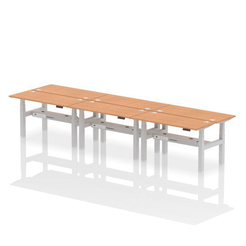 Dynamic Air Back-to-Back W1400 x D600mm Height Adjustable Sit Stand 6 Person Bench Desk With Cable Ports Oak Finish Silver Frame - HA01946 DD