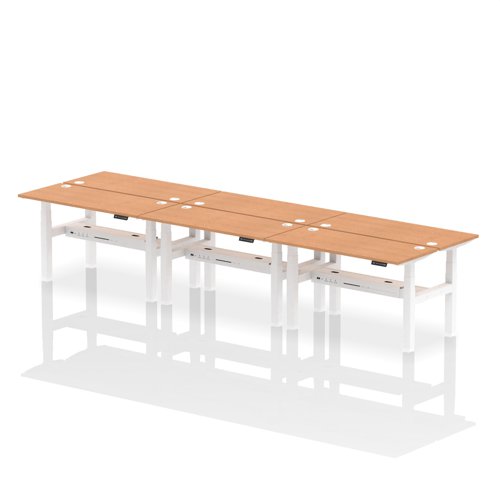 Dynamic Air Back-to-Back W1400 x D600mm Height Adjustable Sit Stand 6 Person Bench Desk With Cable Ports Oak Finish White Frame - HA01948 DD