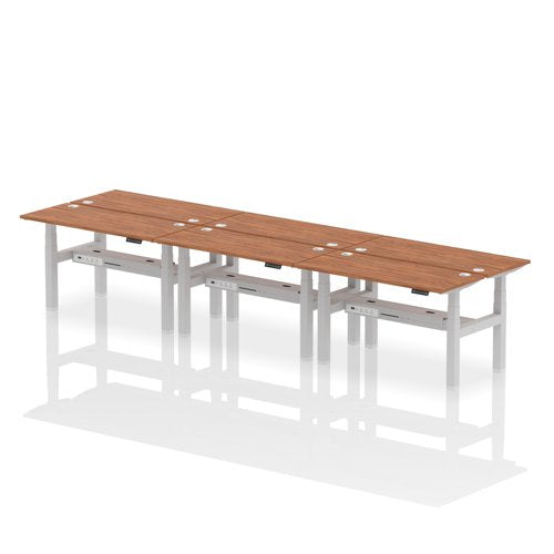 Dynamic Air Back-to-Back W1400 x D600mm Height Adjustable Sit Stand 6 Person Bench Desk With Cable Ports Walnut Finish Silver Frame - HA01952 DD